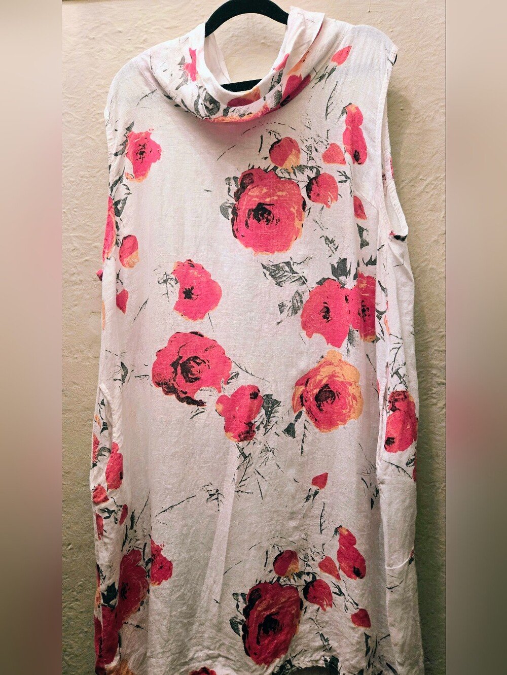 Italian Linen Floral Cowl Neck Tunic Dress Lagenlook Made in Italy